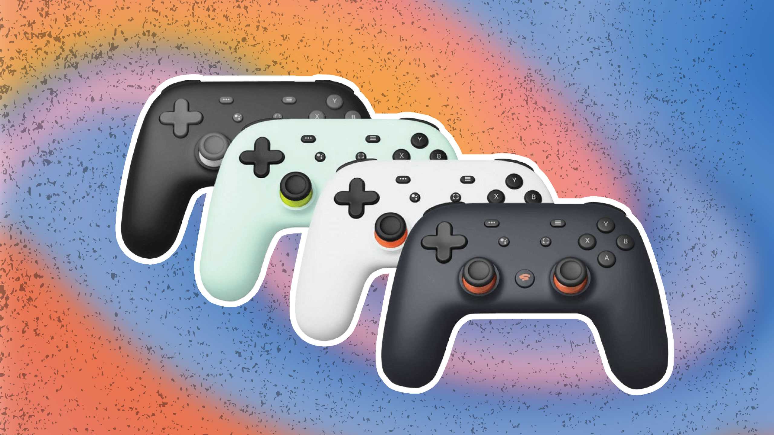 Four Google Stadia controlled next to each other on a multi-colored background